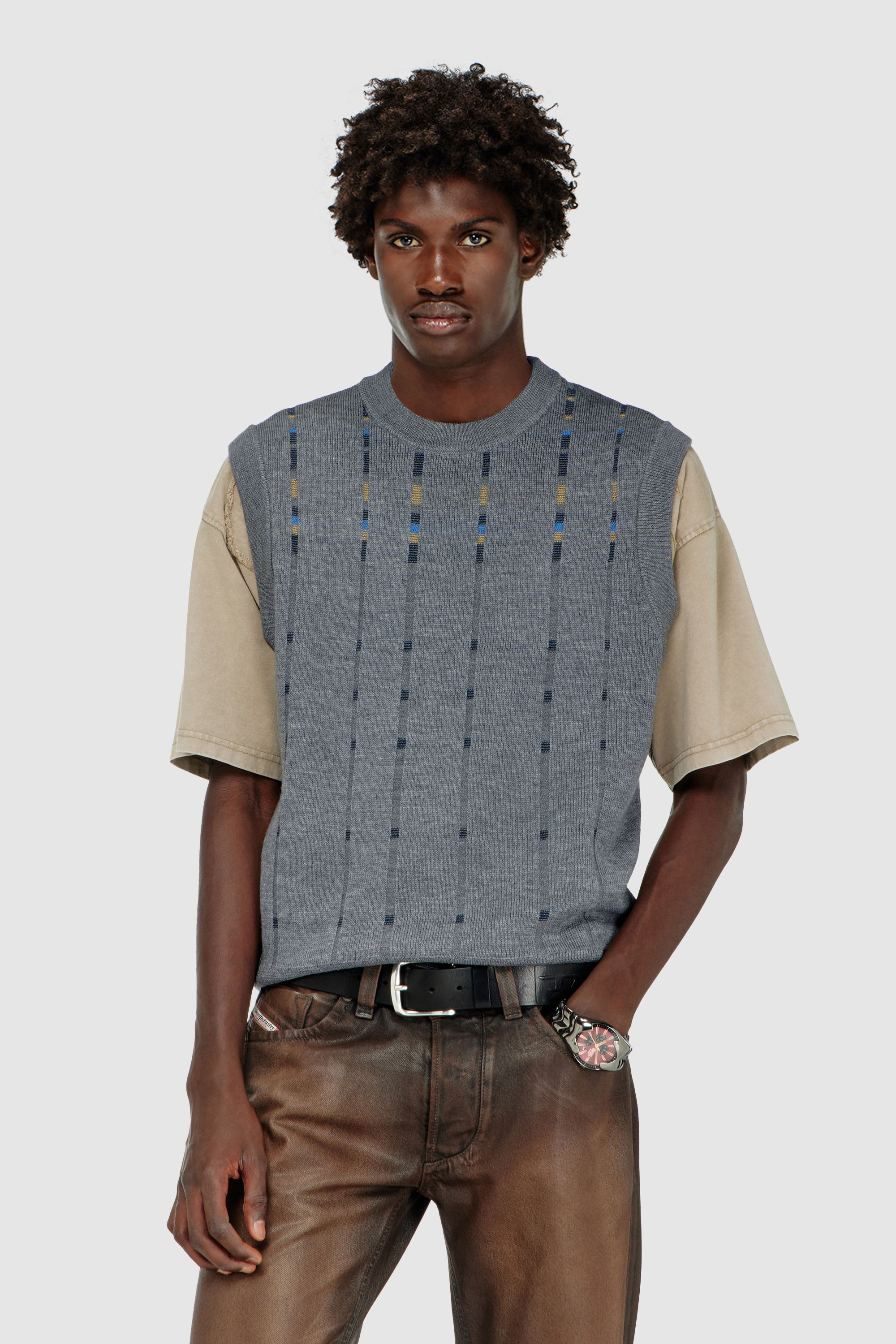 Diesel - K-ROERI, Man's Wool vest with check effect in Grey - 1
