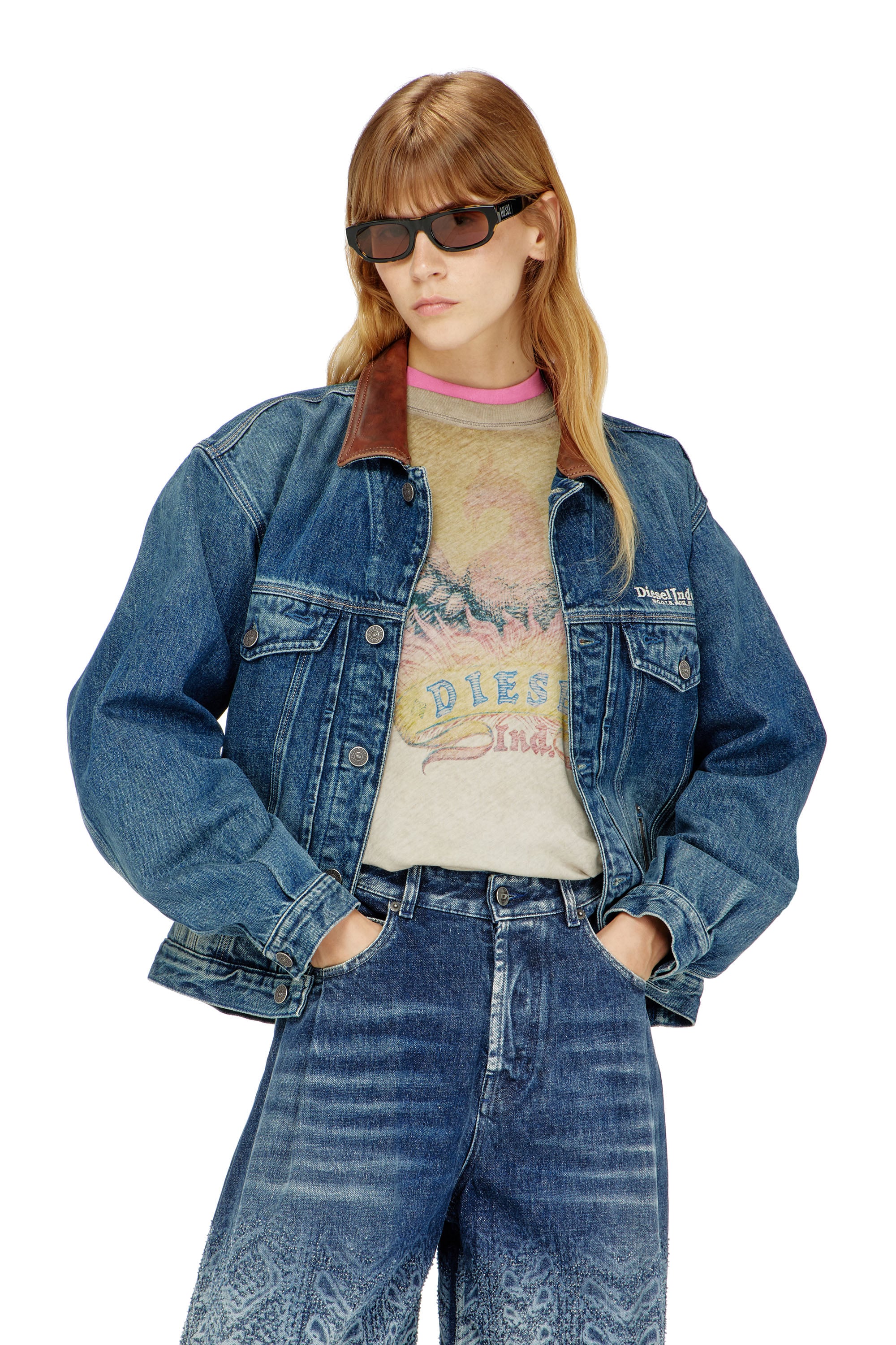 Diesel - D-DENVER-S1, Unisex's Denim trucker jacket with contrast leather trims in Blue - 1