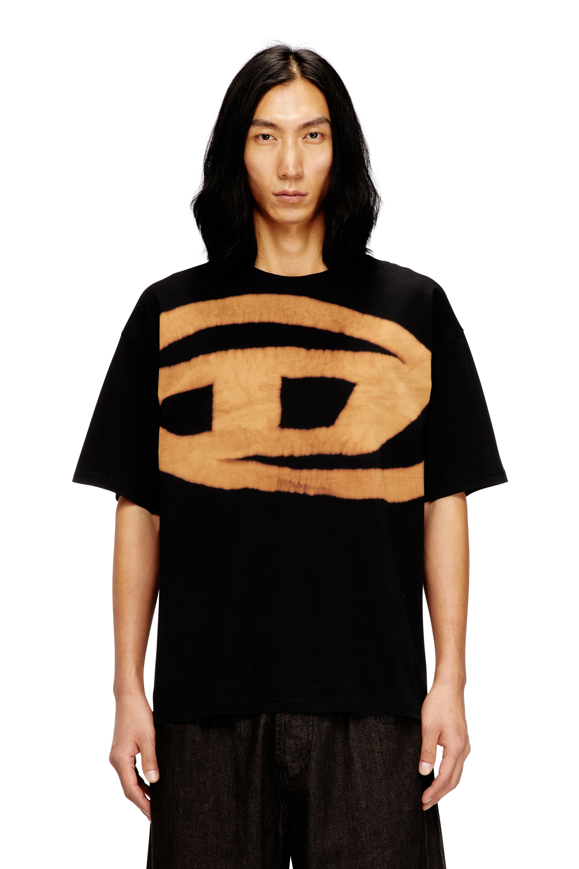Diesel - T-BOXT-BLEACH, Man's T-shirt with bleached Oval D logo in Orange/Black - 1