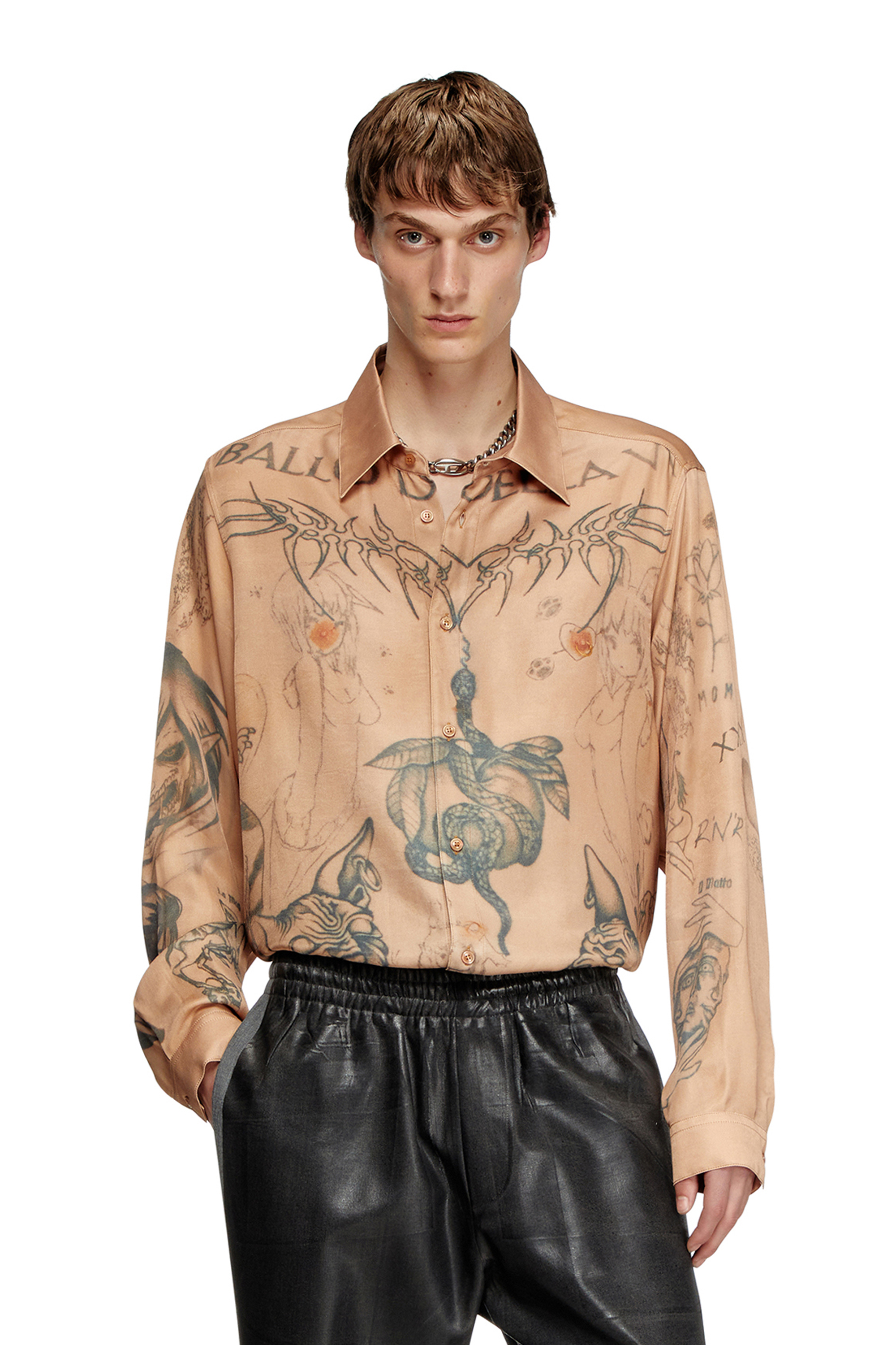 Diesel - S-SIMPLY-TTO-DD, Unisex's Fluid satin shirt with tattoo print in Beige - 2